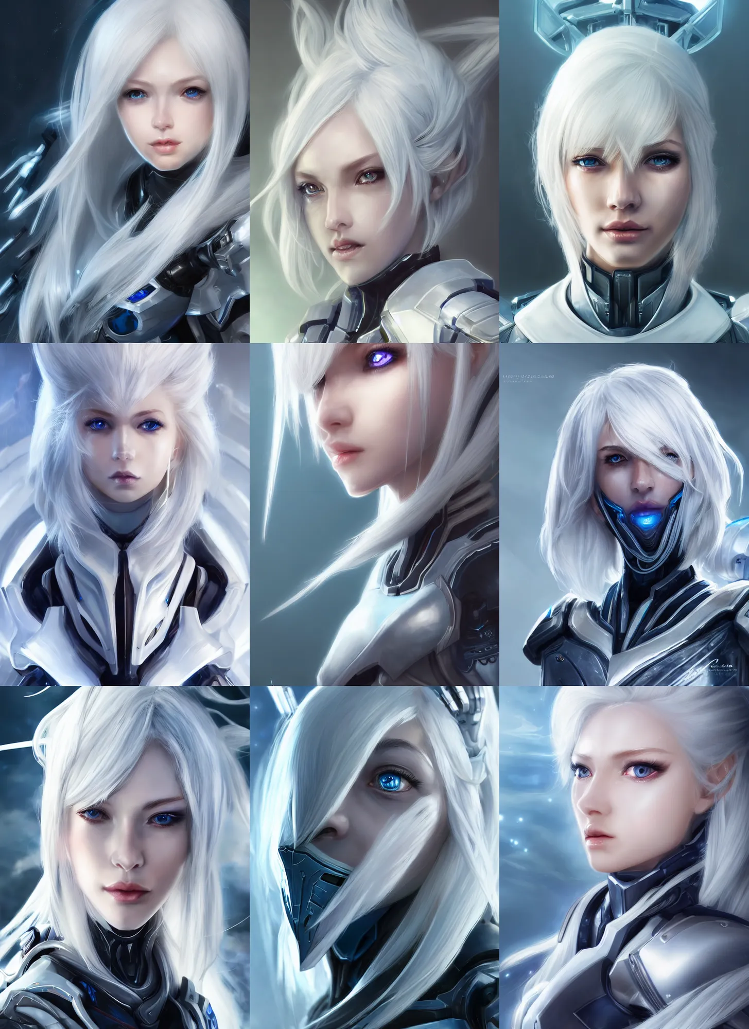 Prompt: detailed portrait of perfect white haired girl, android, warframe armor, beautiful, pretty face, blue cyborg eyes, innocent, scifi, 4 k, sun yunjoo, ultra realistic, aura of light, cinematic lighting, interesting angle, highly detailed, sharp focus, artstation, masterpiece, art by hyungjin yang