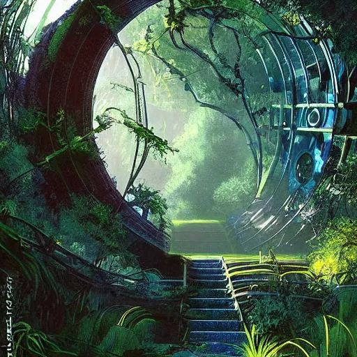 Image similar to stairs leading to a derelict portal in a middle of a lush futuristic forest, alien world seen through a portal, daylight, cinematic lighting, blue sky, syd mead, john harris