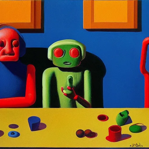 Image similar to happy robots eating play - doh noodles from a play - doh nozzle, grant wood, pj crook, edward hopper, oil on canvas