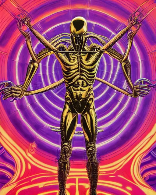 Image similar to space xenomorph as vitruvian man by james jean and shusei nagaoka, ultra wide angle, full body, no crop, golden ratio, retrofuturistic, hyper details