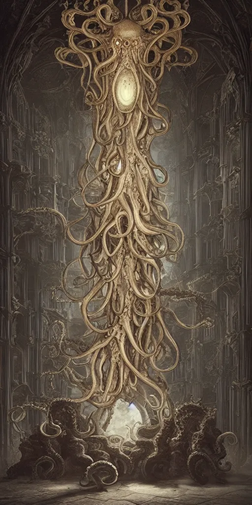 Image similar to group of mankind species mages with enormous translucent octopus heads floating around inside an ancient mage castle hall colossal scale, gothic and baroque, brutalist architecture, ultradetailed, intricate details by Ellen Jewett and Ayami Kojima