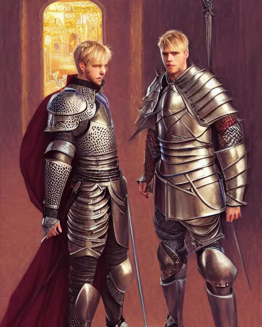 Prompt: attractive arthur pendragon confesses his love to his attractive male knight, they are close to each other, in a quiet moment, they are wearing informal cloths, highly detailed, very intricate, cinematic lighting, by donato giancola and rossdraws and magali villenueve, featured on artstation