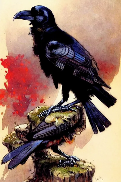 Image similar to adventurer ( ( ( ( ( 1 9 5 0 s retro future raven bird. forrest in background. muted colors. ) ) ) ) ) by jean baptiste monge!!!!!!!!!!!!!!!!!!!!!!!!! chrome red