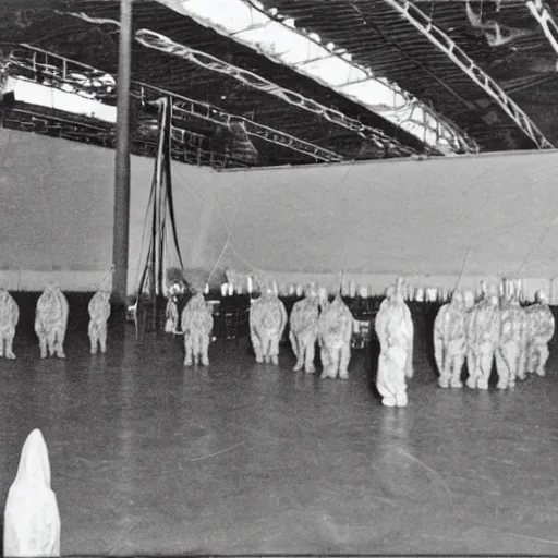 Image similar to spooky alien ship inside a hanger, old photo, vintage photo, grainy, realistic, real photo, men in hazmat suits standing around