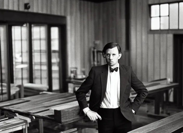 Image similar to realistic photo portrait of the person, brown mustard shirt, formal suit, black tie,, wooden polished and fancy expensive wooden laboratory hall interior 1 9 9 0, life magazine reportage photo