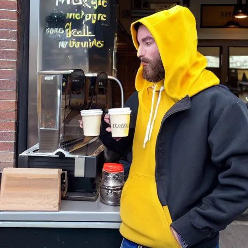 Prompt: a moose with a yellow hoodie selling coffee at a stand in downtown peterborough new hampshire, realistic, 8 k