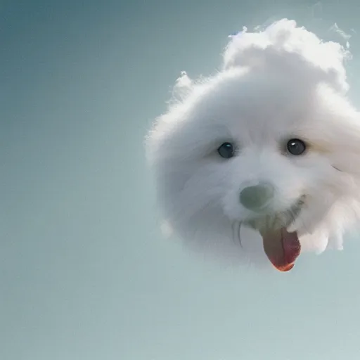 Image similar to a white Pomeranian made of clouds, floating in the sky