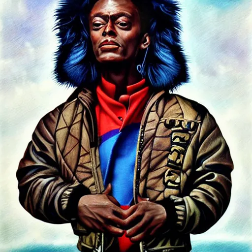 Image similar to beautiful fantasy character portrait, miles davis, bitches brew, wearing puffy bomber jacket with fur, by malti klarwein