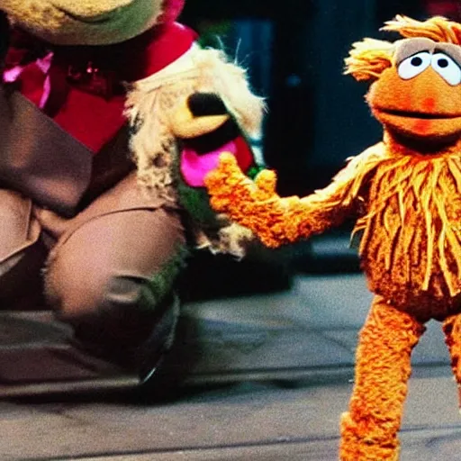 Image similar to “ photo of fozzie from the muppets dropkicking a child ”