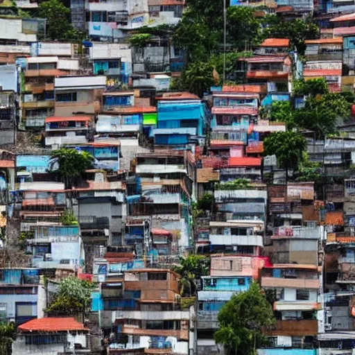 Image similar to a urbanized favela, nice street, trees on the sidewalks, no wires over the city, nice cars in the street, joyful people