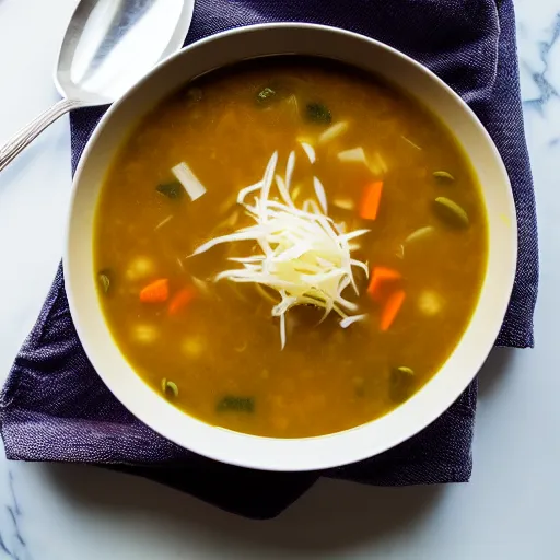 Image similar to a soup with teeth floating inside, food photography