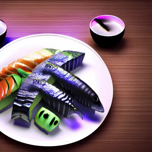 Prompt: alien sushi and sashimi, photorealistic, photo art, raytracing global illumination, award - winning photography, trend on artstation