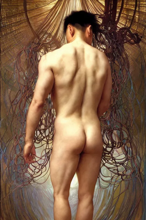 Prompt: hyperrealist portrait of the back of an attractive angelic asian man, it is decorated with long wires that fall like vines and wears small computers over their body. by jeremy mann and alphonse mucha, fantasy art, photo realistic, dynamic lighting, artstation, poster, volumetric lighting, very detailed faces, 4 k, award winning