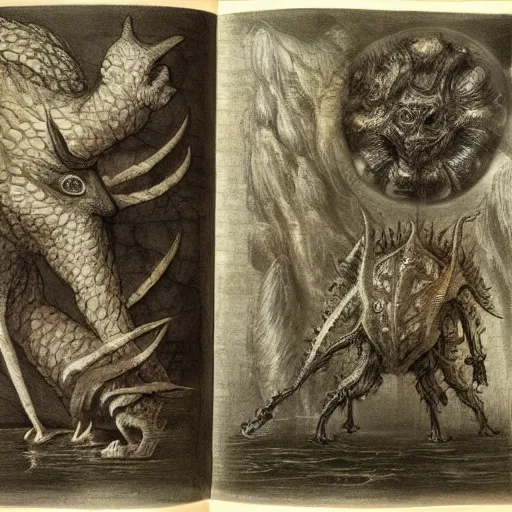 Image similar to bestiary of creatures from the depths of the unconscious psyche