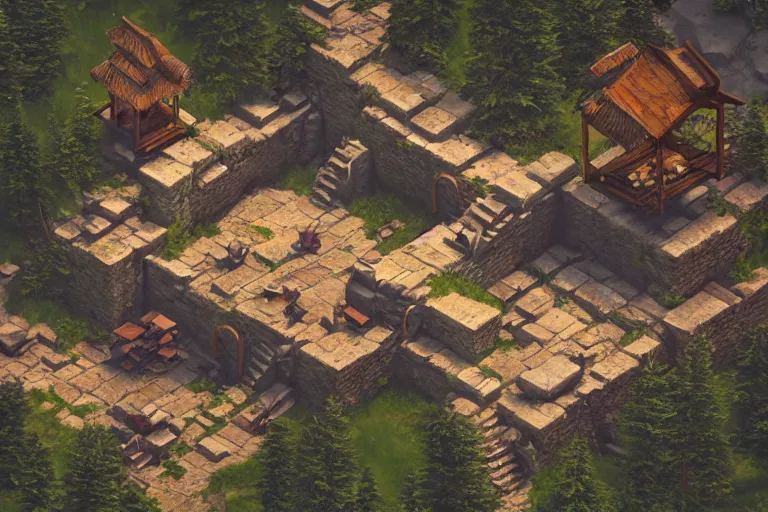 Prompt: Isometric alpine RPG level, 3d render, octane render, by Greg Rutkowski