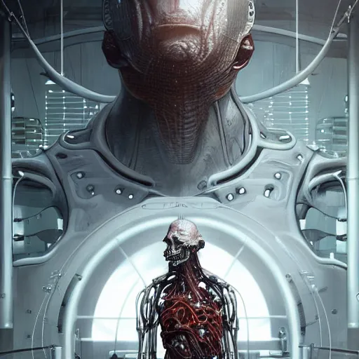 Image similar to portrait of an ultradetailed illustration of a biomechanic evil cyborg posing in front of a futuristic mechanic lab, by greg rutkowski and Zdzisław Beksiński., photorealistic, 8k, intricate, futuristic, dramatic light, trending on cg society