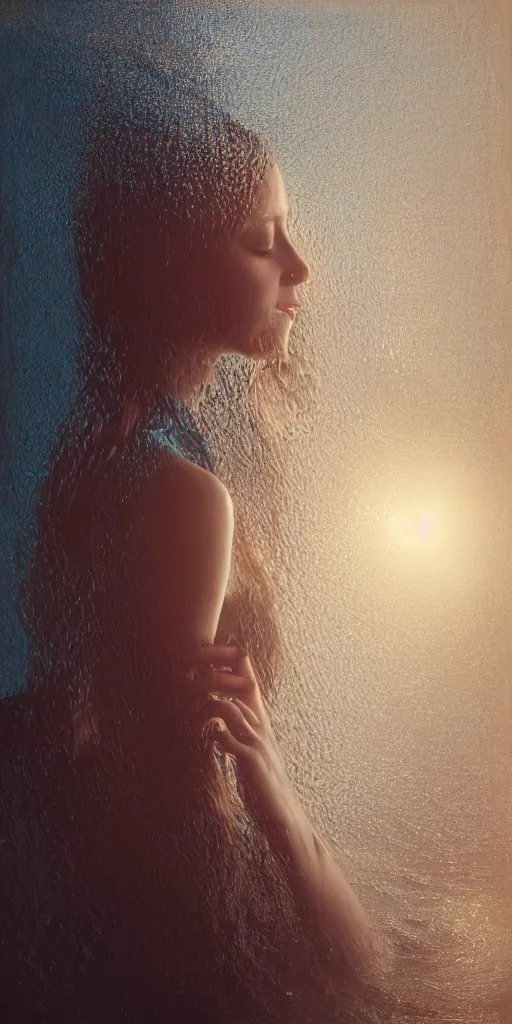 Prompt: portrait of woman drinking water during sunrise, sunrays, flowing fabrics, caustics, rippling water, photoshoot, flowing hair, haunting, iconic, fine-art, masterpiece, trending on artstation