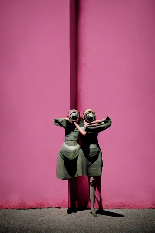 Image similar to a surreal portrait of intertwined and contorted figures wearing gas mask next to a pink wall in the style of brooke didonato, editorial fashion photography from vogue magazine, full shot, nikon d 8 1 0, ƒ / 2. 5, focal length : 8 5. 0 mm, exposure time : 1 / 8 0 0, iso : 2 0 0