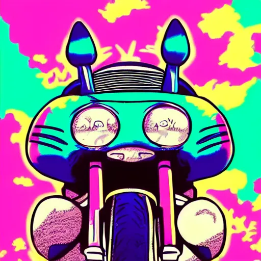 Image similar to totoro riding a motorbike on a synthwave background. Colorful neon artwork
