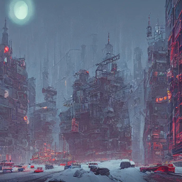 Image similar to cyberpunk depiction of the city of gdansk during arctic conditions by simon stalenhag