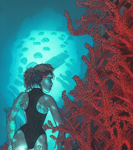 Image similar to a cyberpunk diver Polynesian woman swims through a dark bioluminescent alien coral reef, techwear, Industrial Scifi, detailed illustration, character portrait, by Martin Grip and Moebius