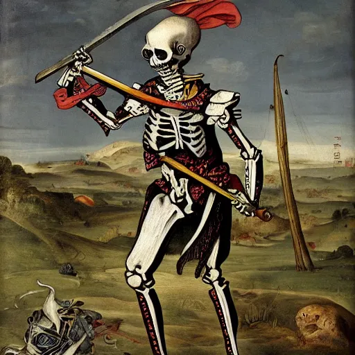 Prompt: skeleton in a colourful landsknechts uniform, wielding a sword, rennaissance painting