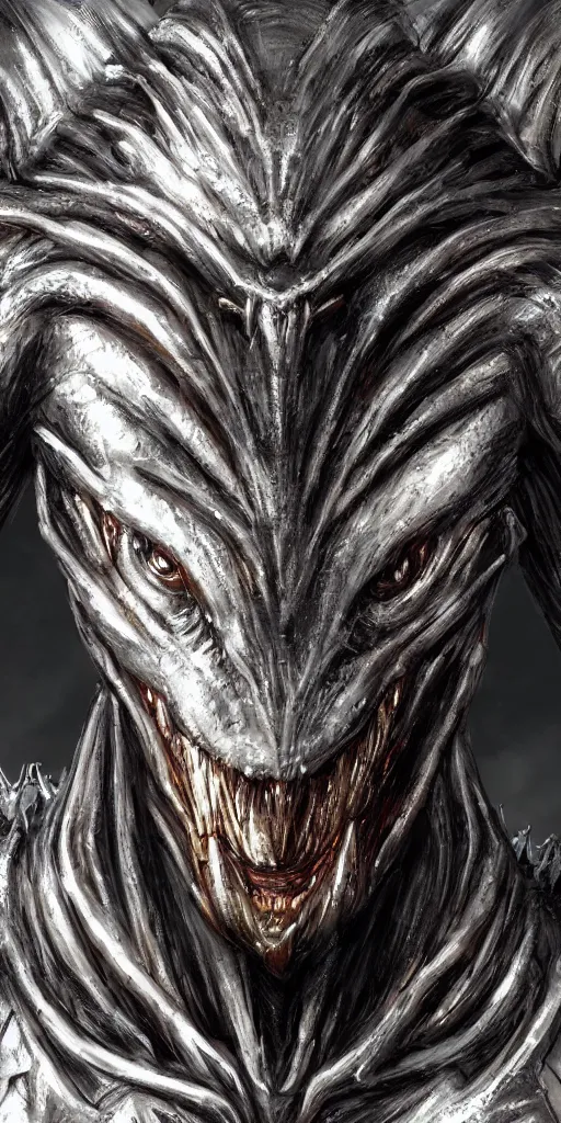 Image similar to a photo realistic portrait of an alien creature with highly detailed features wearing metal armor, dramatic rim lighting, concept art