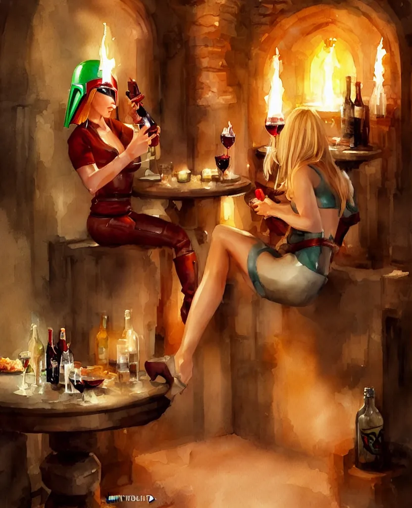 Image similar to blonde hot woman in wine cellar,! boba fett!, drinking beer, eating meat, cozy, inviting, atmospheric, torches on the wall, watercolor by vladimir volegov