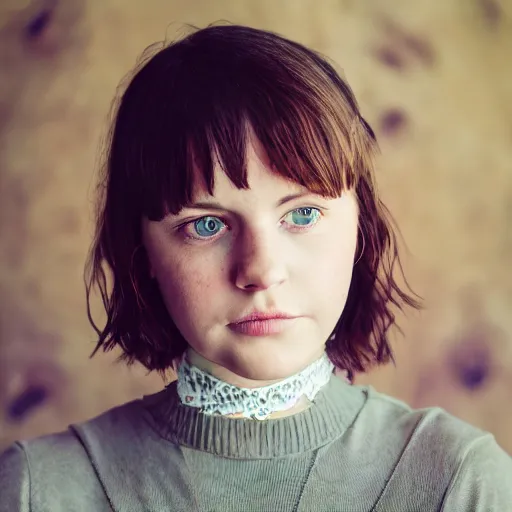 Prompt: Portrait of a cute young woman with short hair and a choker, portrait photography, cottagecore, alternative, upper body image, 35mm f/1.4, iso 100