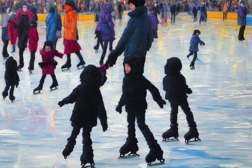 Image similar to “ice skating child and parent, surreal painting, wide angle”