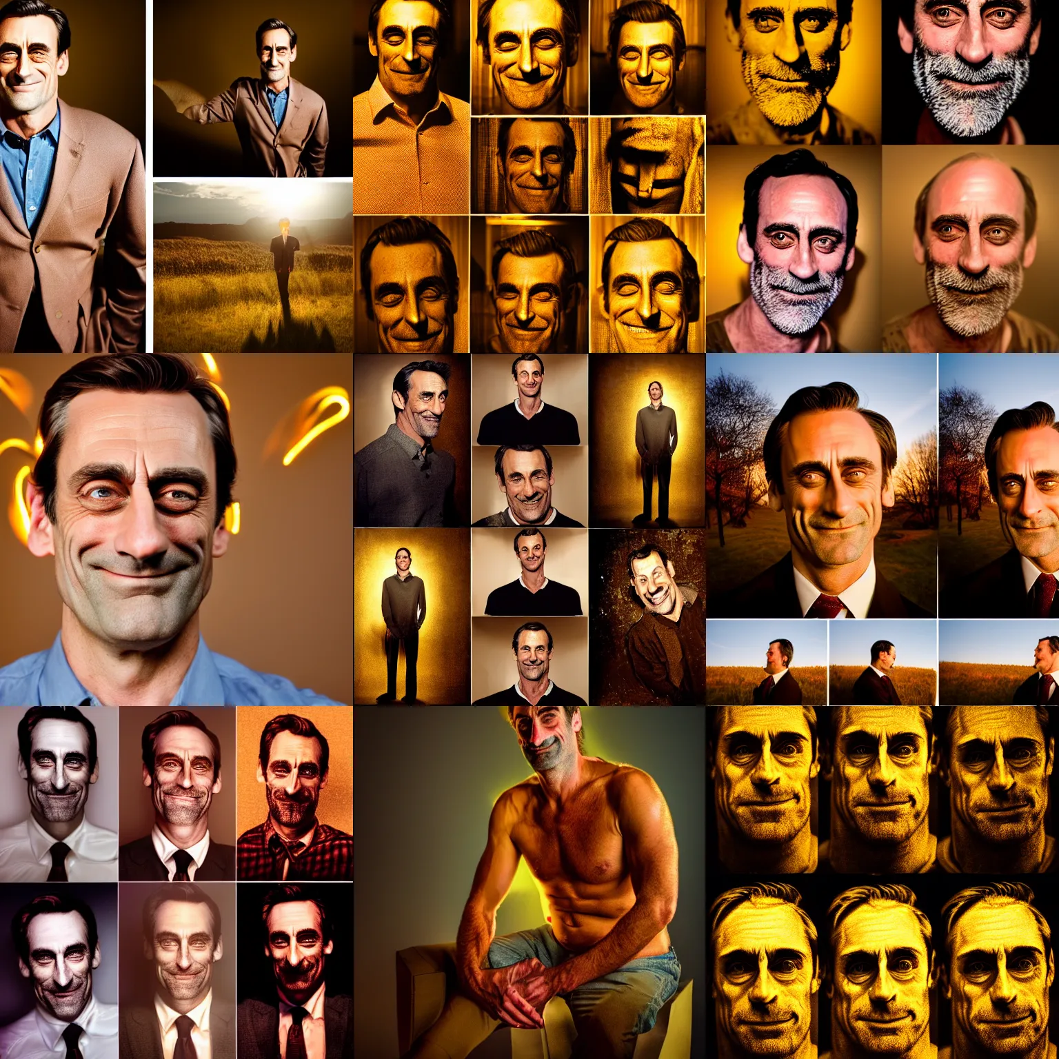 Prompt: happy John Hamm in golden evening light painted in different styles