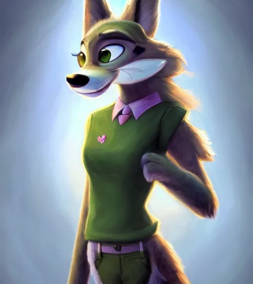 Image similar to oil painting of detailed full body of anthromorphic female wolf, in style of zootopia, zootopia, zootopia, fursona, furry, furaffinity, 4 k, deviantart, furry art, fursona art, wearing black business suit, business suit, in style of zootopia, wolf fursona, cyberpunk, female, expressive detailed feminine face,