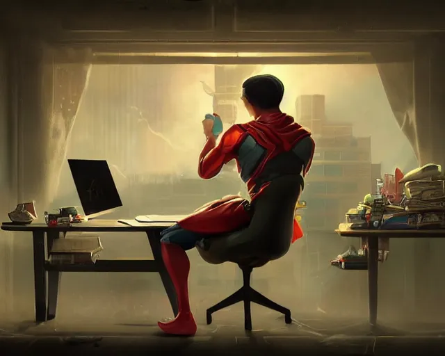 Image similar to an insanely detailed painting of a nerdy asian man wearing a superhero costume, sitting at a desk, staring at the nervously at the computer and typing, in the style of peter mohrbacher, dramatic lighting and composition, surreal background, octane render, pixar, trending on artstation, concept art, comic book, view from behind