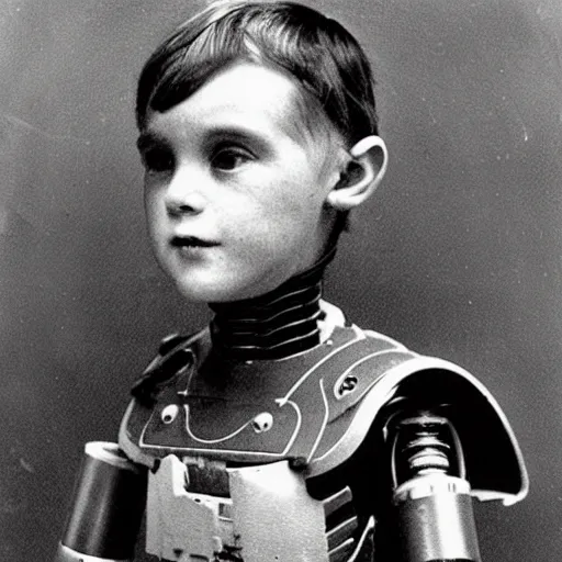 Image similar to early 1900s picture of a sad cyborg