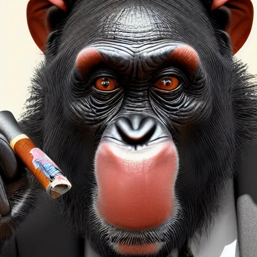 Image similar to a high detail closeup shot of a chimp wearing a suit 👔,and smoking a cigarrette🚬, cgcosiety, artstation, unreal engine, realism