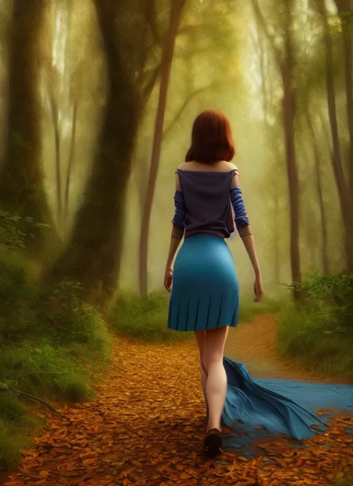 Image similar to young woman walking short blue skirt : : magic raining forest nature : : weta disney pixar movie still photo : : decadent highly - detailed digital painting, full length shot, golden ratio, octane render, artstation, smooth, sharp focus, artgerm, mucha, loish, wlop, gogo