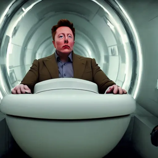 Image similar to hyperrealism aesthetic ridley scott and denis villeneuve style photography of a detailed giant elon musk, siting on a detailed ultra huge toilet and scrolling his smartphone in hyperrealism scene from detailed art house movie in style of alejandro jodorowsky and wes anderson