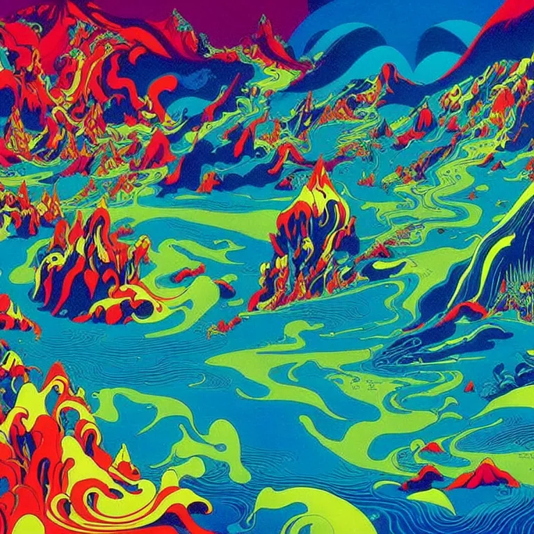 Prompt: volcanoes under the infinte sea, bright hallucinogenic neon colors, highly detailed, cinematic, eyvind earle, tim white, philippe druillet, roger dean, lisa frank, aubrey beardsley, hiroo isono