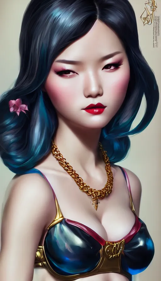 Image similar to a pin up and beautiful fashion and charming and dreamlke asian girl with lv jewelry, medium shot, art by artgerm & ross tran & wlop, hyperdetailed, 8 k realistic, symmetrical, frostbite 3 engine, cryengine, dof, trending on artstation, digital art