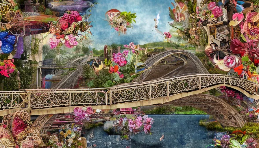 Image similar to detailed bridge with unexpected maximalist elements. 8x HD mixed media 3D collage in the style of an hyperdetailed childbook illustration in soft natural tones. matte background no frame HD