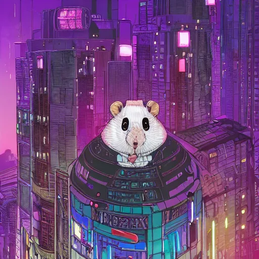 Image similar to high detailed anthropomorphic hamster in a cyberpunk rainy city at night by josan gonzalez, purple and blue neons, unreal engine, high quality, 4 k, uhd, trending on artstation, wires, blade runner vibes, ghost in the shell, akira, dorohedoro