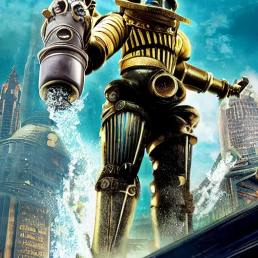 Image similar to movie poster for a live - action bioshock movie featuring a big daddy, andrew ryan, and little sister with the underwater city of rapture in the background