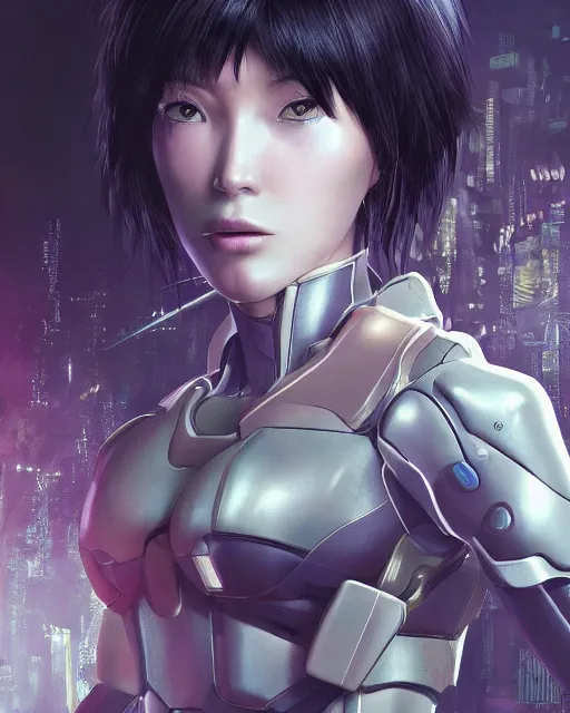 Image similar to weta disney pixar movie still portrait photo of motoko kusanagi ghost in the shell : : as cyborg woman by pixar : : by weta, wlop, ilya kuvshinov, rossdraws, artgerm, marvel, maxim cover, latex, octane render, sweaty, iridescent, bright morning, anime, liosh, mucha : :