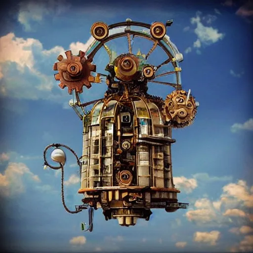 Prompt: flying city in a mechanical flower flower flower flower, sky, steampunk!!!, fantasy art, steampunk, masterpiece, octane