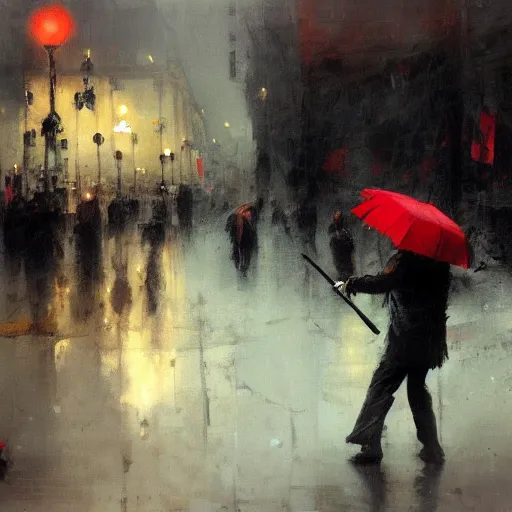 Image similar to ravens attacking man with red umbrella, by jeremy mann.