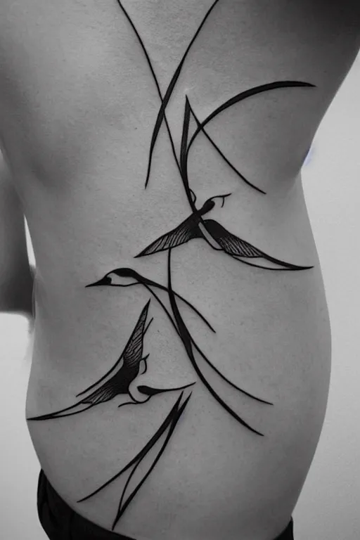 Image similar to a beautiful tattoo design of minimalist swallows flying into spherical lines and simple basic shapes, black ink, abstract logo, line art