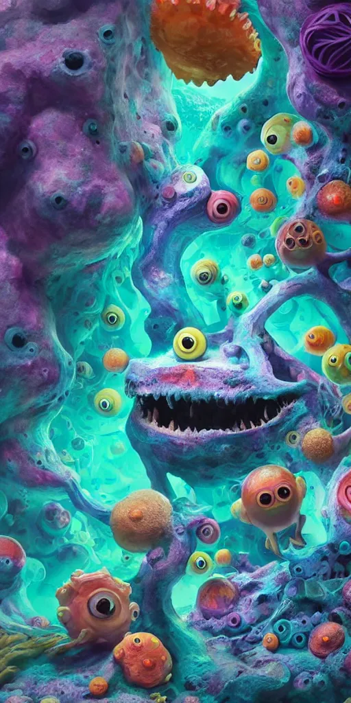 Image similar to of a colorful deep sea cave with strange cute friendly happy creatures with huge eyes, mouth, long tongue and round teeth appearing from sandy coral, in the style of gehry and gaudi, macro lens, shallow depth of field, ultra detailed, digital painting, trending artstation, concept art, illustration, cinematic lighting, photorealism, epic, octane render