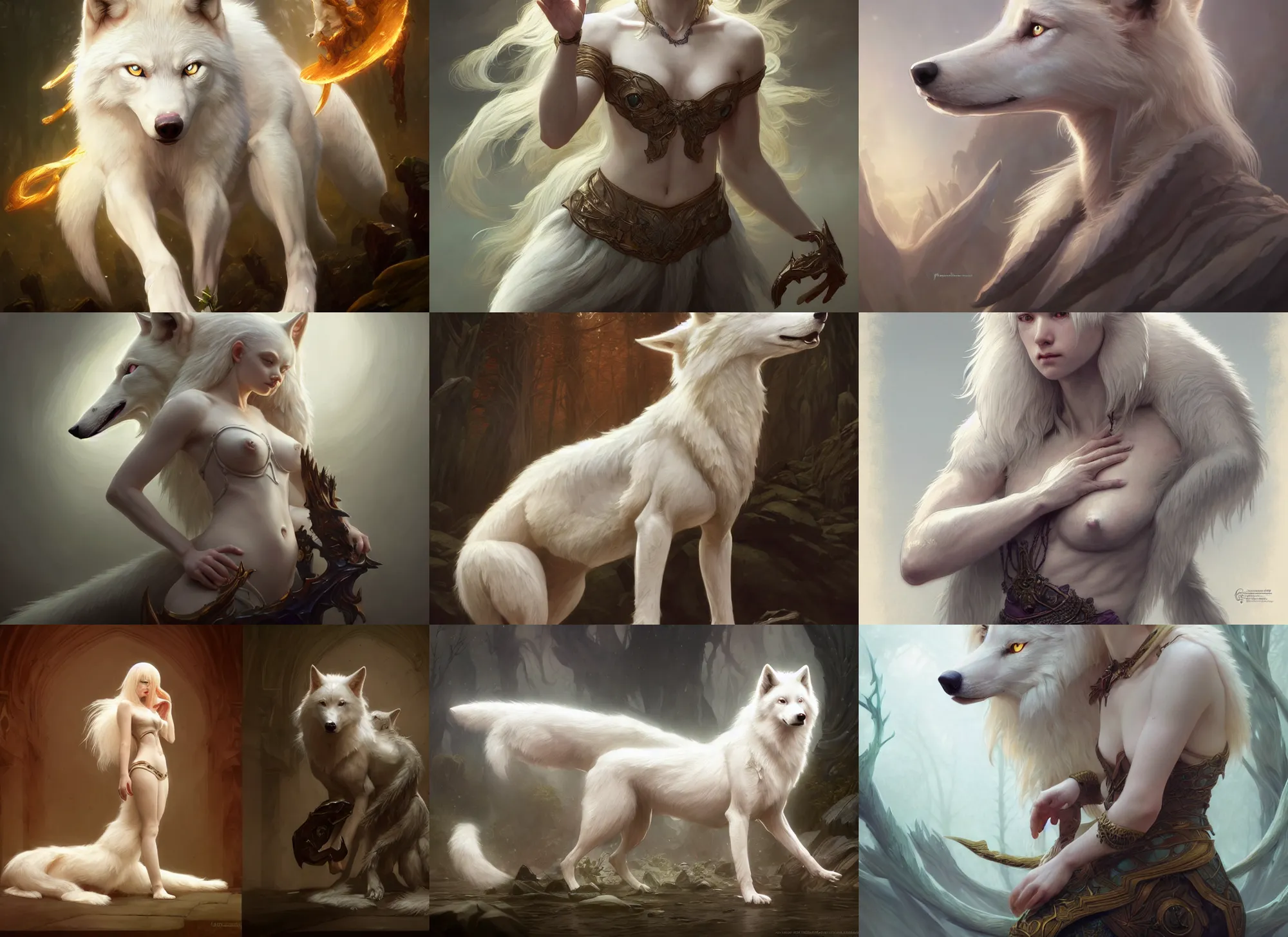 Prompt: full body photography of a albino wolf, deep focus, d & d, fantasy, intricate, elegant, highly detailed, digital painting, artstation, concept art, matte, sharp focus, illustration, hearthstone, art by artgerm and greg rutkowski and alphonse mucha