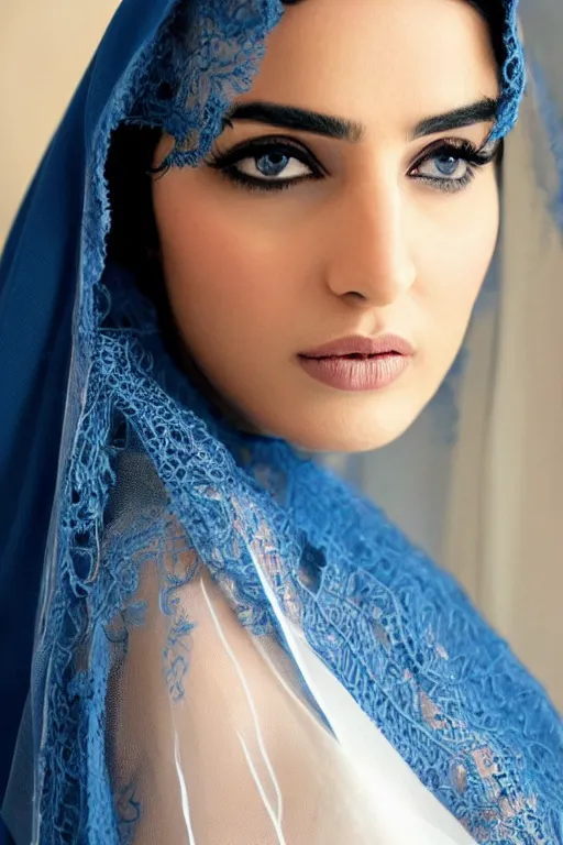 Image similar to Ameera al-Taweel, blue eyes, long wavy black hair, white veil, closeup, focus face