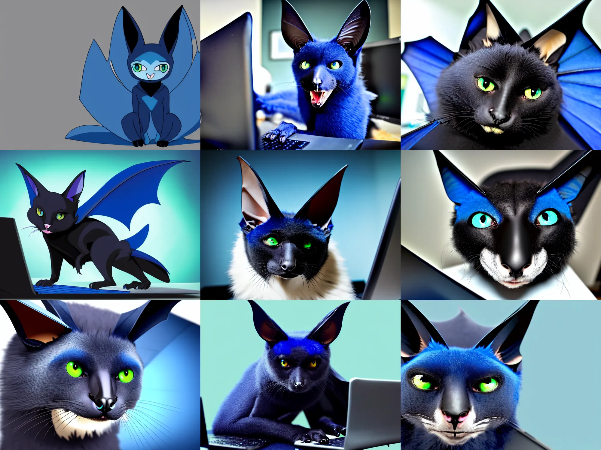 Image similar to a blue - and - black male catbat fursona with blue / green heterochromatic eyes and huge bat ears, photo of the catbat on his computer